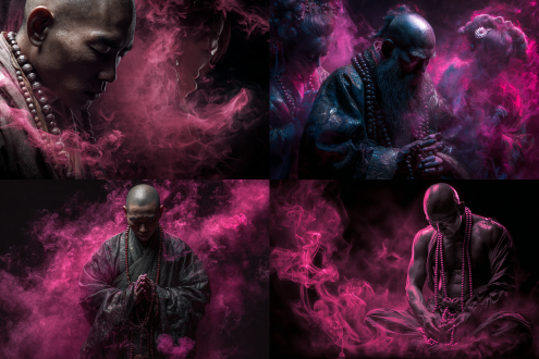 古代高僧被透明女妖环绕，走火入魔，极致逼真画质，超细节，高饱和，超分辨率，黑暗魔化氛围，黑粉色烟雾缭绕，高僧痛苦闭眼，汗珠密布，佛珠散落，女妖虚影缥缈，动态构图，暗调光影，戏剧性冲突，超广角镜头，电影级质感，诡异美感，紧张压抑。