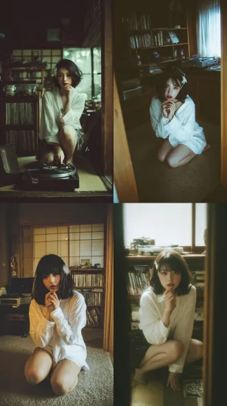女人：清纯伪素颜妆，羽毛发夹，碎发刘海 表情：懵懂直视镜头，指尖轻碰嘴唇 身材：oversize白衬衫下衣失踪 动作：跪坐地毯整理唱片机 场景：日系民宿房间，原木色书架 灯光：窗外散射光，发丝发光效果 画质：柔焦朦胧感，低饱和度 构图：框架构图，门框形成自然画框 氛围：纯欲风，居家男友视角 风格：生活感写真