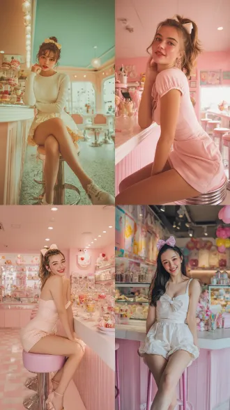 女人：蜜桃系妆容，蝴蝶结盘发，甜美酒窝 表情：俏皮wink，咬唇轻笑 身材：纤细锁骨，泡泡袖短裙显腿长 动作：坐在甜品店高脚凳转脚尖 场景：ins风咖啡厅，马卡龙色背景墙 灯光：环形补光灯效果，皮肤透亮 画质：4k锐化，糖水片色调 构图：对角线构图，餐桌延伸空间感 氛围：少女感约会风，甜系治愈 风格：网红探店写真