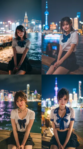 一位年轻的甜美可爱的网红女性，身着白色带深蓝色蝴蝶结的短袖上衣、黑色短裙，棕色长发微乱且别着小发夹；人物特征是清新甜美，妆容自然，眼神明亮温柔；主体行为是优雅恬静地坐在木质平台上，双手交叠放于膝上，身体微转向镜头；场景氛围是夜晚的都市滨水地带，背景有璀璨灯光、高楼（含标志性塔形建筑）与波光粼粼的水面，浪漫梦幻；构图方式为居中构图，人物居于画面中心，背景城市夜景衬托主体；艺术风格是写实人像摄影风格，色彩真实，光影细腻；图像质量为高清，发丝、衣物纹理、夜景细节清晰；参数建议：风格选择写实人像，分辨率设为 8k，开启光影增强与细节优化，色彩饱和度适度