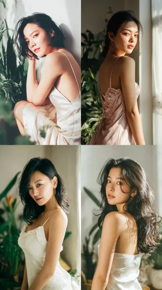 一位气质优雅的亚洲女性，拥有精致完美的五官轮廓，细腻的肌肤质感，柔和自然的表情。身穿丝绸吊带长裙，微微侧身展现身体曲线，光线从窗外斜射入室内，形成柔和的逆光效果，突出发丝光和服装质感。背景为极简主义家居环境，搭配绿植点缀，构图采用中心对称，氛围宁静高级，画质极致清晰，色彩柔和低饱和度，小红书风格日常美学。