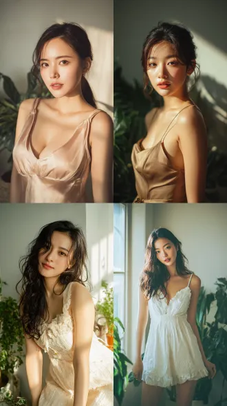 一位气质优雅的亚洲女性，拥有精致完美的五官轮廓，细腻的肌肤质感，柔和自然的表情。身穿丝绸吊带长裙，微微侧身展现身体曲线，光线从窗外斜射入室内，形成柔和的逆光效果，突出发丝光和服装质感。背景为极简主义家居环境，搭配绿植点缀，构图采用中心对称，氛围宁静高级，画质极致清晰，色彩柔和低饱和度，小红书风格日常美学。