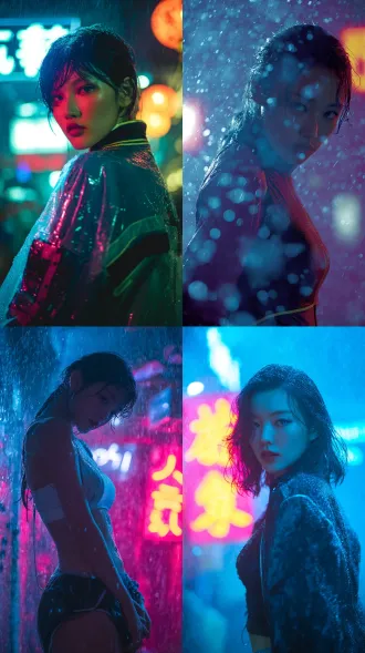 未来都市的雨夜，一位眼神坚毅的亚洲女性主角，身穿带有荧光线条的机能风服装，身体曲线在湿漉漉的环境中显得更加流畅。霓虹灯牌的蓝粉色调光芒映照在她脸庞和身体上，形成强烈的色彩对比。空气中弥漫着雾气，雨滴被镜头捕捉成晶莹的光点，充满动态的视觉效果和故事氛围。