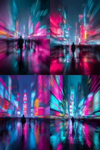 **核心创意**：深入雨夜的未来都市，利用长时间曝光和人为运动，创造极具动感的人潮与光流。 * **详细描述**： * **镜头运用**：**大胆的慢门速度**（1/4s 至 2s），结合**追随摄影**（panning）技巧，让主体人物部分清晰，而背景的光轨和人群拉成绚丽的线条。使用**广角镜头**（16-35mm）低角度仰拍，强化建筑的压迫感和街道的纵深感。 * **视觉美学**：**速度美学**与**霓虹美学**。画面是高度饱和的玫红色、氰蓝色、荧光黄的碰撞。清晰与模糊的对比创造出爆炸性的能量感，仿佛能听到城市的脉搏和喧嚣。视觉焦点是那个在模糊流光中清晰、孤独的行者。