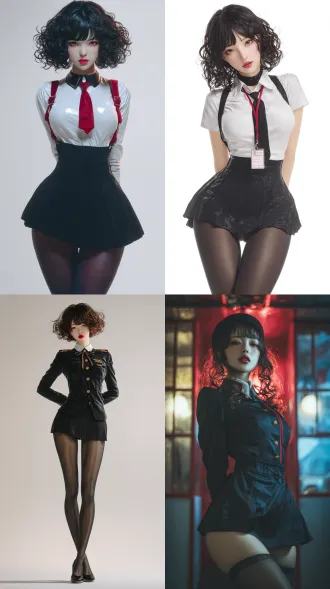 一个亚洲女性，国立音乃木坂学院女子制服，黑丝裤袜 ，极致完美三围比例，有光泽的皮肤，卷发，魔鬼身材，细 腰，超真实，超现实，明亮色，精致妆容，完美五宫，全身照，8k画质