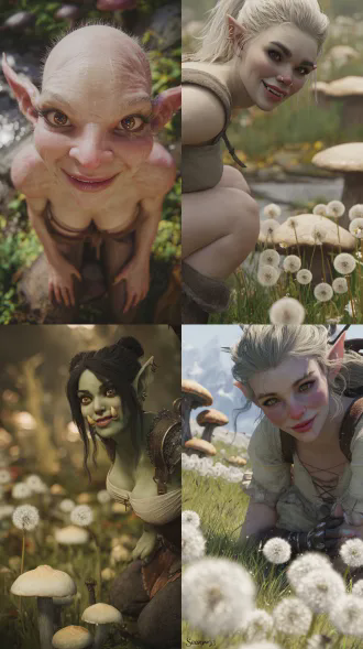 超精细、高分辨率、极其精细、杰作、最佳质量、32k、极其精细，超高清、极其精细和精心制作、超现实、照片级、商业摄影，画面中是一位可爱的女兽人，其脸部保留着人类女性的可爱特征，白皙的脸颊透着健康的红晕，大大的眼睛犹如星辰般闪烁，浓密的睫毛微微颤动，小巧的嘴巴似樱桃般诱人，脸上洋溢着纯真无邪的笑容。她的兽身部分，毛色鲜亮，以米黄色为主色调，间杂着少许深棕色的条纹，肌肉线条流畅而富有力量感。她正蹲在一片开满蒲公英的草地上，微风轻轻吹过，蒲公英的种子漫天飞舞，不远处是一条潺潺流淌的小溪，溪边摆放着一些可爱的蘑菇状石凳，构成一幅温馨的全景画面。