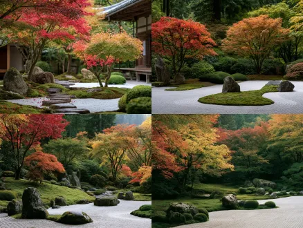 日式寺院庭院，置石、三色枫树、苔藓、白流沙石，层次丰富，红黄绿配色，长焦距，自然光线，高清透视，古朴宁静，宏大场景。
