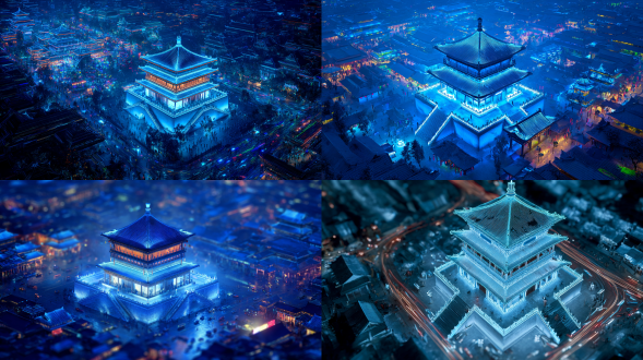 西安钟楼，真实比例，30度俯视角，未来主义风格，蓝色光线，高对比度画面，强烈霓虹灯效，电影质感的视觉，动态模糊效果，科技感爆棚/8k高清画质/极致细节渲染。