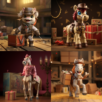 复古玩具摄影风格，经典labubu小马套装，锯齿牙齿调皮笑容，关节可动，骑马靴马裤外套，手持马鞭，展示盒包装，透明前窗，彩色盒绘，8k超高清渲染，材质纹理逼真，柔光加轮廓光，景深聚焦面部，背景简洁品牌标志，收藏版编号，金属质感logo，微纹理处理，顽皮欢快氛围