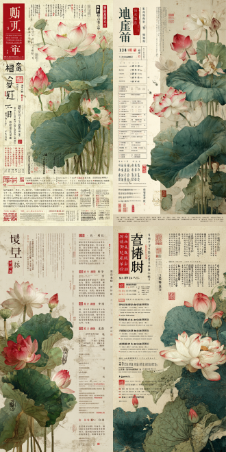 (masterpiece:1.2), (ultra-detailed:1.1), 新中式国潮风格荷花主题艺术海报，融合「传统水墨工笔画」「复古宣纸装帧」「文人书法篆刻」三重基因，右侧特写**写实细腻的荷花组景**——粉白渐变的盛放荷花（花瓣带水彩晕染肌理）、含苞待放的花蕾（嫩红质感）、层次丰富的青绿荷叶（深浅墨色自然晕染，叶片带褶皱/虫蛀/做旧斑驳纹理）；左侧布局**传统书法文字群**——大字榜书标题（毛笔枯笔飞白效果，墨色浓淡变化如「屋漏痕」「锥画沙」）、竖排小楷诗文（仿古籍排版，疏密错落如「活字印刷」韵律）、朱砂红篆刻印章（朱文/白文结合，边缘做旧磨损似「百年传世印」）；背景为**米黄色做旧宣纸基底**（纤维纹理清晰，轻微泛黄褪色，隐现淡墨山水式朦胧水纹），色彩调性锚定「青绿色系荷叶+粉白清雅荷花+米白复古宣纸+朱砂红印章」，整体光影**柔和朦胧**（模拟「窗棂透晨光」的漫反射质感），细节叠加「复古海报做旧特效」（水渍斑、褶皱痕、褪色晕染），艺术风格跨维度参考「中国工笔画（北宋院体莲荷技法）」「文人画（八大、石涛笔意）」「民国月份牌海报」，画面层次分明，既具「荷塘清幽禅意」的诗意，又有「古籍传世」的文化厚重感。