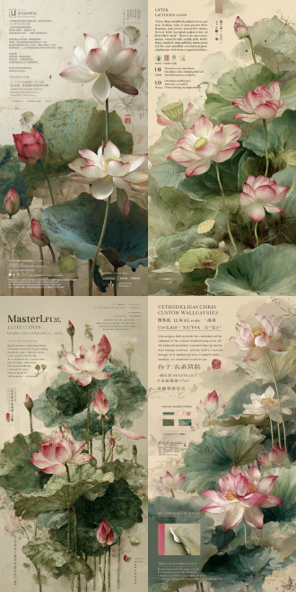 (masterpiece:1.2), (ultra-detailed:1.1), 新中式国潮风格荷花主题艺术海报，融合「传统水墨工笔画」「复古宣纸装帧」「文人书法篆刻」三重基因，右侧特写**写实细腻的荷花组景**——粉白渐变的盛放荷花（花瓣带水彩晕染肌理）、含苞待放的花蕾（嫩红质感）、层次丰富的青绿荷叶（深浅墨色自然晕染，叶片带褶皱/虫蛀/做旧斑驳纹理）；背景为**米黄色做旧宣纸基底**（纤维纹理清晰，轻微泛黄褪色，隐现淡墨山水式朦胧水纹），色彩调性锚定「青绿色系荷叶+粉白清雅荷花+米白复古宣纸+朱砂红印章」，整体光影**柔和朦胧**（模拟「窗棂透晨光」的漫反射质感），细节叠加「复古海报做旧特效」（水渍斑、褶皱痕、褪色晕染），艺术风格跨维度参考「中国工笔画（北宋院体莲荷技法）」「文人画（八大、石涛笔意）」，画面层次分明，既具「荷塘清幽禅意」的诗意，又有「古籍传世」的文化厚重感。