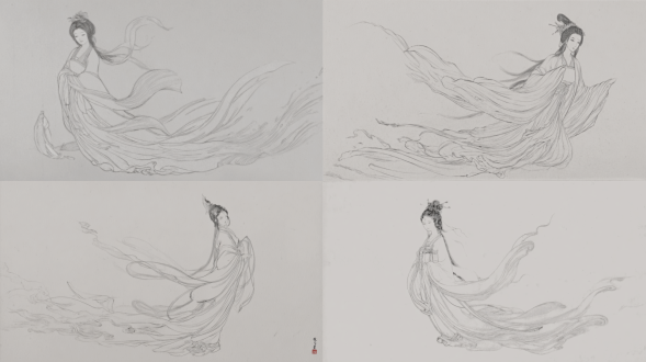a beautiful ancient chinese goddess (luoshen) with flowing water-like clothes, ethereal and dynamically飘逸, anime style, hand-drawn illustration, traditional chinese painting elements, delicate line art, soft grayscale tones, ancient elegance, high detail, artistic