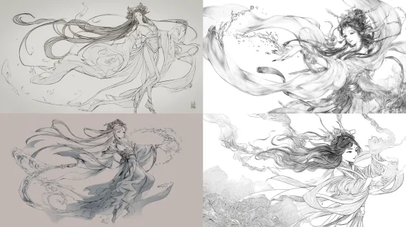 a beautiful ancient chinese goddess (luoshen) with flowing water-like clothes, ethereal and dynamically飘逸, anime style, hand-drawn illustration, traditional chinese painting elements, delicate line art, soft grayscale tones, ancient elegance, high detail, artistic