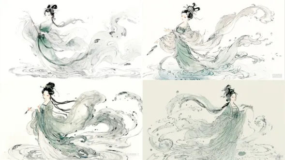 a beautiful ancient chinese goddess (luoshen) with flowing water-like clothes, ethereal and dynamically飘逸, anime style, hand-drawn illustration, traditional chinese painting elements, delicate line art, soft grayscale tones, ancient elegance, high detail, artistic