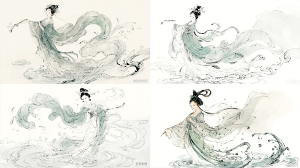 a beautiful ancient chinese goddess (luoshen) with flowing water-like clothes, ethereal and dynamically飘逸, anime style, hand-drawn illustration, traditional chinese painting elements, delicate line art, soft grayscale tones, ancient elegance, high detail, artistic