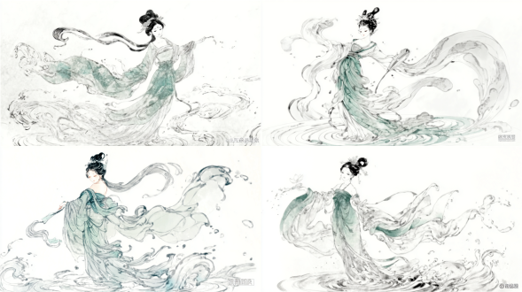 a beautiful ancient chinese goddess (luoshen) with flowing water-like clothes, ethereal and dynamically飘逸, anime style, hand-drawn illustration, traditional chinese painting elements, delicate line art, soft grayscale tones, ancient elegance, high detail, artistic