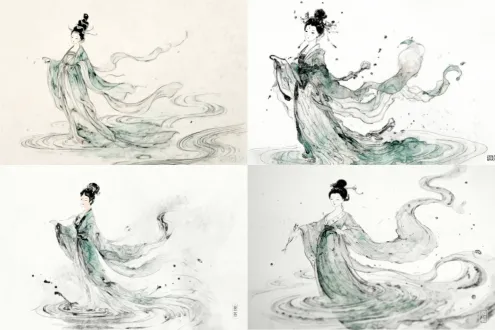 a graceful ancient chinese goddess luoshen, wearing water-textured robes that flow ethereally, hand-drawn in traditional chinese ink wash style, delicate brushstrokes, soft grayscale tones with subtle ink gradients, classic elegance, artistic details of floating silk and water ripples, high detail, ancient aesthetic