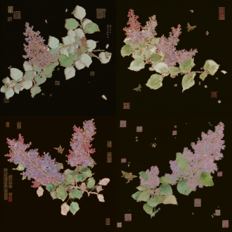 a square silk scarf design, inspired by the song dynasty painting "lilac and wasp" by lin chun, featuring delicate lilac flowers, green leaves, and a wasp in traditional gongbi brushwork, with scattered ancient seals and calligraphy, soft color palette, hand-drawn texture, elegant song dynasty aesthetic, suitable for silk scarf printing, high detail