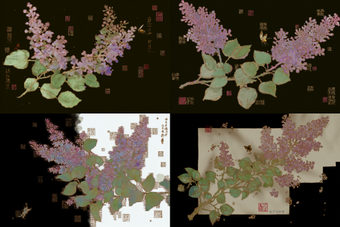 a square silk scarf design, inspired by the song dynasty painting "lilac and wasp" by lin chun, featuring delicate lilac flowers, green leaves, and a wasp in traditional gongbi brushwork, with scattered ancient seals and calligraphy, soft color palette, hand-drawn texture, elegant song dynasty aesthetic, suitable for silk scarf printing, high detail