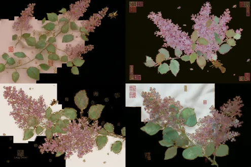 a square silk scarf design, inspired by the song dynasty painting "lilac and wasp" by lin chun, featuring delicate lilac flowers, green leaves, and a wasp in traditional gongbi brushwork, with scattered ancient seals and calligraphy, soft color palette, hand-drawn texture, elegant song dynasty aesthetic, suitable for silk scarf printing, high detail