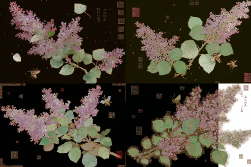 a square silk scarf design, inspired by the song dynasty painting "lilac and wasp" by lin chun, featuring delicate lilac flowers, green leaves, and a wasp in traditional gongbi brushwork, with scattered ancient seals and calligraphy, soft color palette, hand-drawn texture, elegant song dynasty aesthetic, suitable for silk scarf printing, high detail