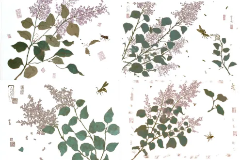 a square silk scarf design, inspired by the song dynasty painting "lilac and wasp" by lin chun, featuring delicate lilac flowers, green leaves, and a wasp in traditional gongbi brushwork, with scattered ancient seals and calligraphy, soft color palette, hand-drawn texture, elegant song dynasty aesthetic, suitable for silk scarf printing, high detail