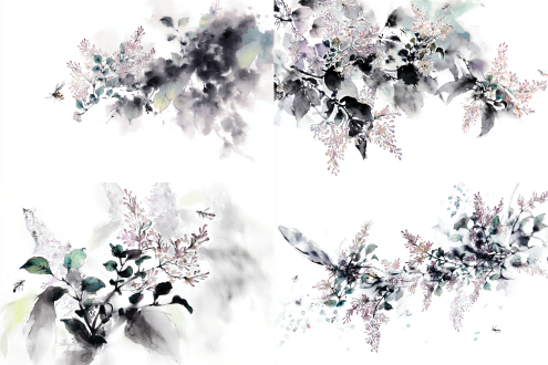 水墨水彩晕染，手绘风格，毛笔笔触，纸张纹理，柔和渐变，流动感，传统中国画，留白艺术，淡雅色调，水墨扩散，抽象意境，细腻层次，自然晕染，宣纸质感，艺术感，宁静氛围，黑白灰主调，点缀淡彩，动态笔触，湿润效果。
