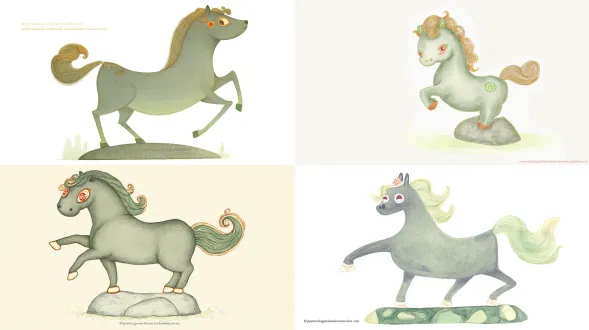 青铜奔马手绘正视图，圆头小马“抬蹄昂首”姿态，新月形笑眼，灰绿主色模仿柔青铜绒感，渐变金棕鬃毛，草绿内耳，红色眼部装饰，立于简约抽象石基，细腻铅笔线条，淡彩水洗，柔和色调（灰绿、金棕、草绿），无背景，清晰轮廓，极简细节，插画风格，可爱活泼氛围，拟人表情，浅景深，柔光，2d扁平设计，手绘纹理，温暖治愈感。