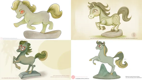 true true" bronze galloping horse hand-drawn front view, round-headed little horse in a "lifting hoof and raising head" posture, large crescent-shaped smiling eyes, gray-green main color (imitating soft bronze velvet), gradient gold-brown mane, grass-green inner ears, red eye decorations, standing on a simple abstract stone base, delicate pencil lines, light wash of pastel colors, soft tones (gray-green, gold-brown, grass-green), no background, clear contours, minimalist details, illustration style, cute and lively atmosphere, anthropomorphic expressions, shallow depth of field, soft light, 2d flat design, hand-drawn texture, warm and healing feel.