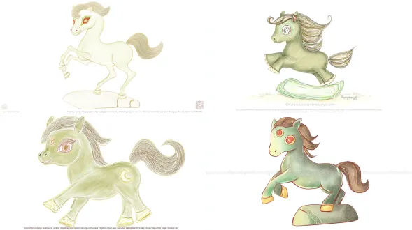 true true" bronze galloping horse hand-drawn front view, round-headed little horse in a "lifting hoof and raising head" posture, large crescent-shaped smiling eyes, gray-green main color (imitating soft bronze velvet), gradient gold-brown mane, grass-green inner ears, red eye decorations, standing on a simple abstract stone base, delicate pencil lines, light wash of pastel colors, soft tones (gray-green, gold-brown, grass-green), no background, clear contours, minimalist details, illustration style, cute and lively atmosphere, anthropomorphic expressions, shallow depth of field, soft light, 2d flat design, hand-drawn texture, warm and healing feel.