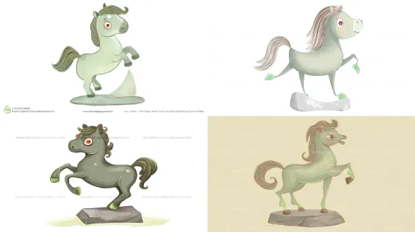 true true" bronze galloping horse hand-drawn front view, round-headed little horse in a "lifting hoof and raising head" posture, large crescent-shaped smiling eyes, gray-green main color (imitating soft bronze velvet), gradient gold-brown mane, grass-green inner ears, red eye decorations, standing on a simple abstract stone base, delicate pencil lines, light wash of pastel colors, soft tones (gray-green, gold-brown, grass-green), no background, clear contours, minimalist details, illustration style, cute and lively atmosphere, anthropomorphic expressions, shallow depth of field, soft light, 2d flat design, hand-drawn texture, warm and healing feel.