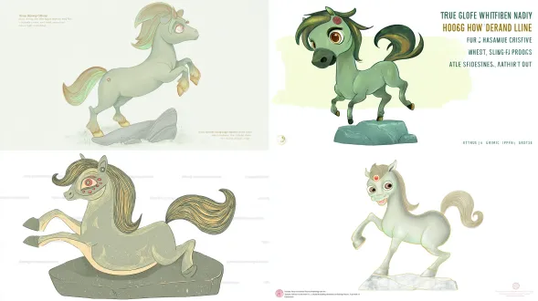 true true" bronze galloping horse hand-drawn front view, round-headed little horse in a "lifting hoof and raising head" posture, large crescent-shaped smiling eyes, gray-green main color (imitating soft bronze velvet), gradient gold-brown mane, grass-green inner ears, red eye decorations, standing on a simple abstract stone base, delicate pencil lines, light wash of pastel colors, soft tones (gray-green, gold-brown, grass-green), no background, clear contours, minimalist details, illustration style, cute and lively atmosphere, anthropomorphic expressions, shallow depth of field, soft light, 2d flat design, hand-drawn texture, warm and healing feel.