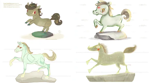 true true" bronze galloping horse hand-drawn front view, round-headed little horse in a "lifting hoof and raising head" posture, large crescent-shaped smiling eyes, gray-green main color (imitating soft bronze velvet), gradient gold-brown mane, grass-green inner ears, red eye decorations, standing on a simple abstract stone base, delicate pencil lines, light wash of pastel colors, soft tones (gray-green, gold-brown, grass-green), no background, clear contours, minimalist details, illustration style, cute and lively atmosphere, anthropomorphic expressions, shallow depth of field, soft light, 2d flat design, hand-drawn texture, warm and healing feel.