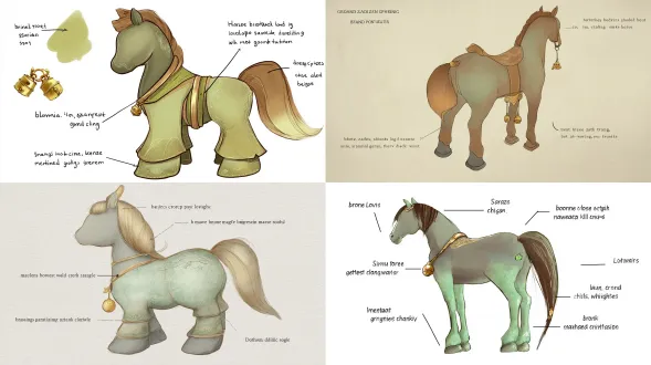 hand-drawn back view of ip character "bronze leaping colt - zhenzhen", back with faint "ma town grassland outline" pattern (light grass green), grayish-green body (simplified bronze texture in light brown, hand-painted short strokes), gradient golden-brown tail (deep brown to gold, wrapped with tiny golden horse gang bell), light gray stone base (subtle dark gray texture lines), light brown stitching marks (simulate plush material), delicate hand-drawn lines + heavy watercolor blending (gradient from grayish-green to light gold at waist), no background, illustration style, highlight back details and accessory placement