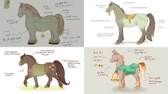 hand-drawn back view of ip character "bronze leaping colt - zhenzhen", back with faint "ma town grassland outline" pattern (light grass green), grayish-green body (simplified bronze texture in light brown, hand-painted short strokes), gradient golden-brown tail (deep brown to gold, wrapped with tiny golden horse gang bell), light gray stone base (subtle dark gray texture lines), light brown stitching marks (simulate plush material), delicate hand-drawn lines + heavy watercolor blending (gradient from grayish-green to light gold at waist), no background, illustration style, highlight back details and accessory placement