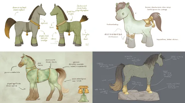 hand-drawn back view of ip character "bronze leaping colt - zhenzhen", back with faint "ma town grassland outline" pattern (light grass green), grayish-green body (simplified bronze texture in light brown, hand-painted short strokes), gradient golden-brown tail (deep brown to gold, wrapped with tiny golden horse gang bell), light gray stone base (subtle dark gray texture lines), light brown stitching marks (simulate plush material), delicate hand-drawn lines + heavy watercolor blending (gradient from grayish-green to light gold at waist), no background, illustration style, highlight back details and accessory placement
