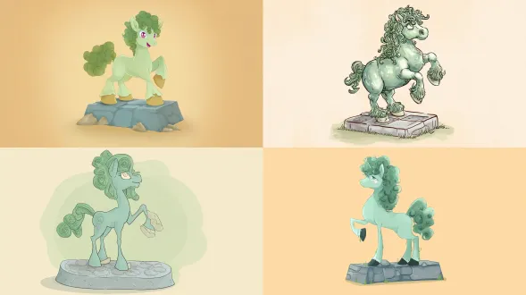 a green pony with curly hair, one front leg raised, standing on a stone base, in a cartoon style, pastel colors