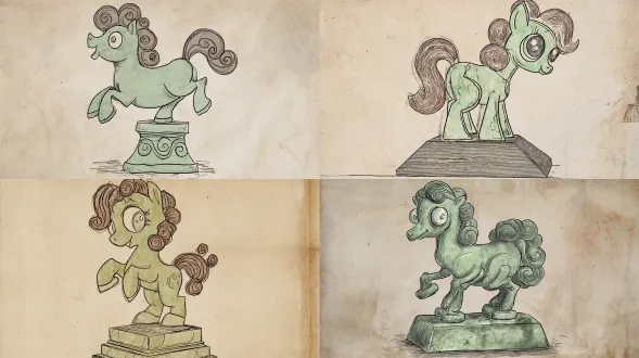vintage archaeological illustration of a cartoon pony relic, light green body with brown-curled mane/tail, oversized expressive eyes, prancing on stone pedestal, hand-drawn line art with aged paper texture, museum archive aesthetic, scholarly color palette, competition-level detail,