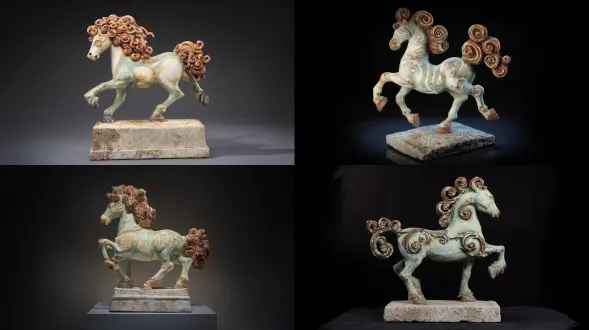 museum-quality art piece of a whimsical pony artifact, retro hand-painted style, light green with muted brown accents, intricate curly hair details, dynamic prancing posture, stone pedestal, aged texture like ancient relics, exhibition display lighting, artistic competition entry, highly detailed,