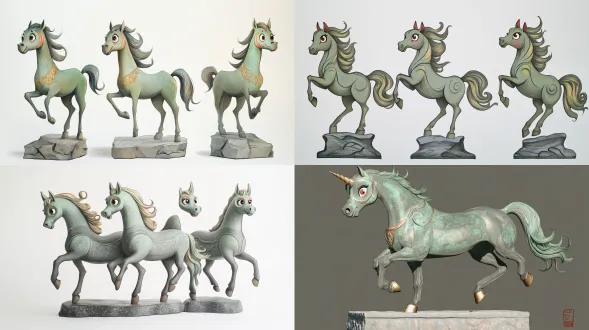 青铜跃马"真真"手绘三视图，大月牙笑眼，灰绿主体（仿软青铜绒毛），渐变金棕辫鬃，草绿内耳，红色眼部装饰，站在简约抽象石基上，细腻铅笔线条，淡彩水洗，柔和色调（灰绿、金棕、草绿），无背景，清晰轮廓，极简细节，插画风格，可爱活泼氛围，拟人化表情，浅景深，柔光照射，2d扁平化，手绘质感，温暖治愈感