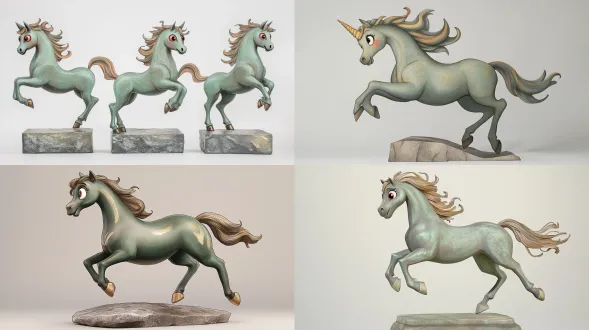 青铜跃马"真真"手绘三视图，大月牙笑眼，灰绿主体（仿软青铜绒毛），渐变金棕辫鬃，草绿内耳，红色眼部装饰，站在简约抽象石基上，细腻铅笔线条，淡彩水洗，柔和色调（灰绿、金棕、草绿），无背景，清晰轮廓，极简细节，插画风格，可爱活泼氛围，拟人化表情，浅景深，柔光照射，2d扁平化，手绘质感，温暖治愈感