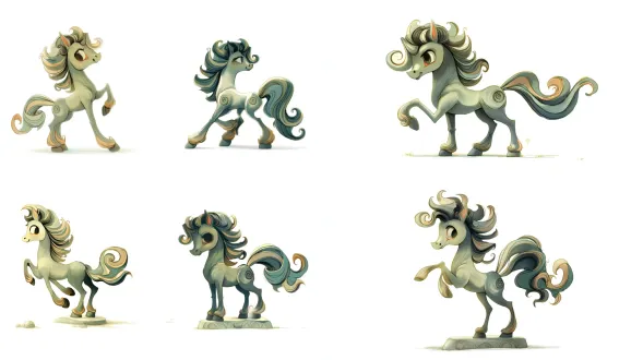 从四足着地、姿态舒展的静态站立姿势，转变为前两蹄腾空扬起、后两蹄蹬地支撑的动态立起姿势；鬃毛从柔和卷曲变为竖立张扬，尾巴从卷曲摆动变为扬起舒展；整体从卡通感的静态神态，转变为充满力量感的动态神态，呈现出骏马奔腾跃起的动感姿态。