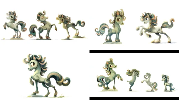 从四足着地、姿态舒展的静态站立姿势，转变为前两蹄腾空扬起、后两蹄蹬地支撑的动态立起姿势；鬃毛从柔和卷曲变为竖立张扬，尾巴从卷曲摆动变为扬起舒展；整体从卡通感的静态神态，转变为充满力量感的动态神态，呈现出骏马奔腾跃起的动感姿态。