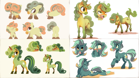 以图中复古风格的绿灰色卷发小马为原型，创作萌化q版表情包。强调超大圆眼睛、迷你头身比，保留棕黄渐变的卷曲鬃毛与尾巴特征，设计多组情绪动作：开心蹦跳甩尾、委屈耷拉耳朵、眨眼wink、搞怪吐舌、歪头疑惑等；整体线条圆润软萌，色彩保留复古绿灰+暖棕渐变，加入表情包特有的夸张神态与动态张力，每款都要充满治愈感与趣味性，适配社交平台的情绪表达场景。