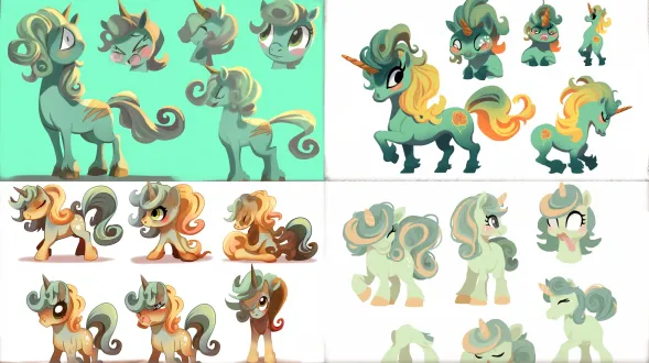 以图中复古风格的绿灰色卷发小马为原型，创作萌化q版表情包。强调超大圆眼睛、迷你头身比，保留棕黄渐变的卷曲鬃毛与尾巴特征，设计多组情绪动作：开心蹦跳甩尾、委屈耷拉耳朵、眨眼wink、搞怪吐舌、歪头疑惑等；整体线条圆润软萌，色彩保留复古绿灰+暖棕渐变，加入表情包特有的夸张神态与动态张力，每款都要充满治愈感与趣味性，适配社交平台的情绪表达场景。