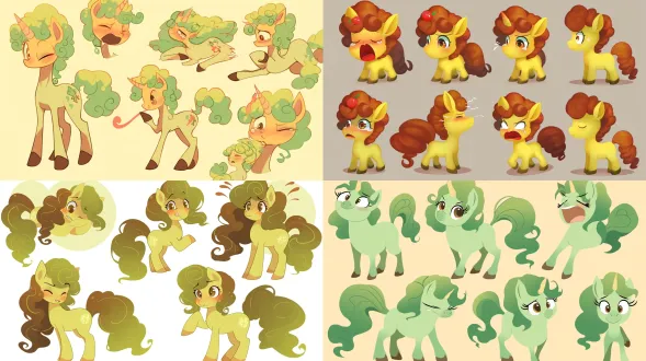 以图中复古风格的绿灰色卷发小马为原型，创作萌化q版表情包。强调超大圆眼睛、迷你头身比，保留棕黄渐变的卷曲鬃毛与尾巴特征，设计多组情绪动作：开心蹦跳甩尾、委屈耷拉耳朵、眨眼wink、搞怪吐舌、歪头疑惑等；整体线条圆润软萌，色彩保留复古绿灰+暖棕渐变，加入表情包特有的夸张神态与动态张力，每款都要充满治愈感与趣味性，适配社交平台的情绪表达场景。