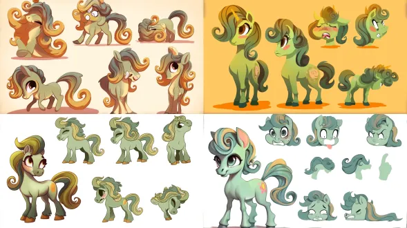 以图中复古风格的绿灰色卷发小马为原型，创作萌化q版表情包。强调超大圆眼睛、迷你头身比，保留棕黄渐变的卷曲鬃毛与尾巴特征，设计多组情绪动作：开心蹦跳甩尾、委屈耷拉耳朵、眨眼wink、搞怪吐舌、歪头疑惑等；整体线条圆润软萌，色彩保留复古绿灰+暖棕渐变，加入表情包特有的夸张神态与动态张力，每款都要充满治愈感与趣味性，适配社交平台的情绪表达场景。