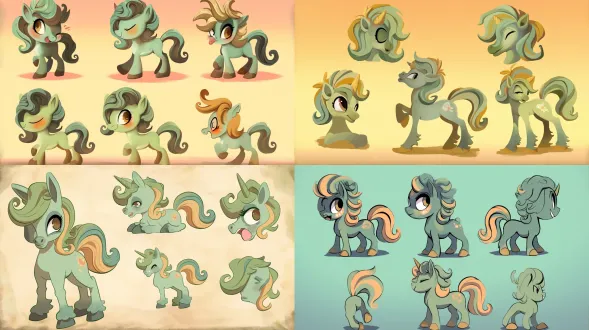 以图中复古风格的绿灰色卷发小马为原型，创作萌化q版表情包。强调超大圆眼睛、迷你头身比，保留棕黄渐变的卷曲鬃毛与尾巴特征，设计多组情绪动作：开心蹦跳甩尾、委屈耷拉耳朵、眨眼wink、搞怪吐舌、歪头疑惑等；整体线条圆润软萌，色彩保留复古绿灰+暖棕渐变，加入表情包特有的夸张神态与动态张力，每款都要充满治愈感与趣味性，适配社交平台的情绪表达场景。