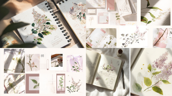 文创笔记本设计，极简风格，淡雅色彩，平面构图，几何图案，柔光照明，浅景深，微距镜头，清新质感，手绘元素，现代艺术感，柔和阴影，中性色调，创意排版，纸张纹理，温暖氛围，专注细节，优雅简约，柔和线条，文艺气息。