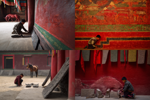 德格印经院红墙旁，少年觉如跪地拾起古老甲片，木刻藏文纹理，红马伴立经幡飘扬，背景隐约雀儿山轮廓，红绿金三色交织，藏纸纤维底纹，木雕刀痕细节，对角线构图，极简而富有情感，超清甲片与经幡细节，300dpi rgb模式，100cm×70cm jpg格式